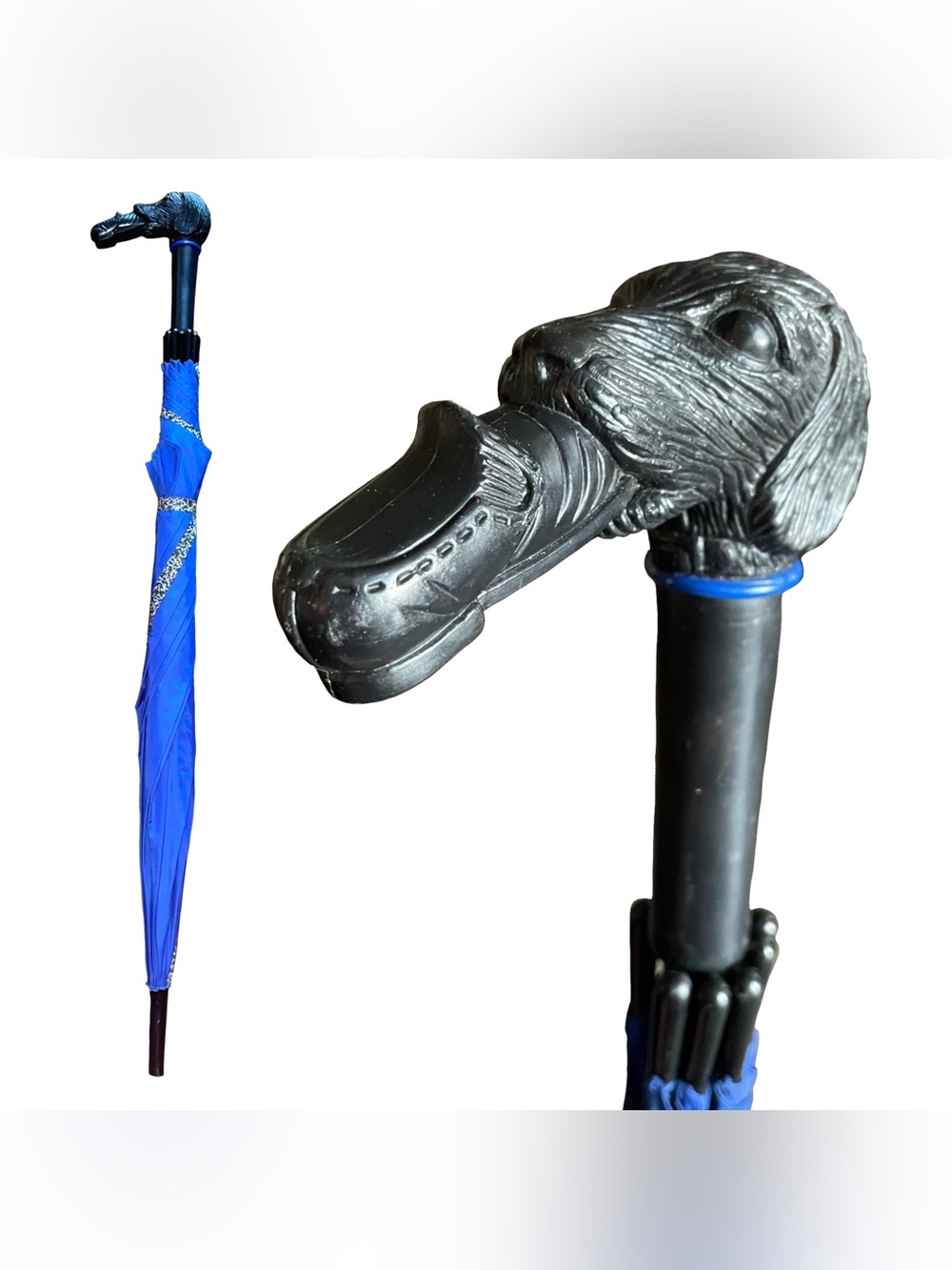 VTG Aramis Dog Head Chewing On Shoe Handle Umbrella Royal Blue Striped Heritage